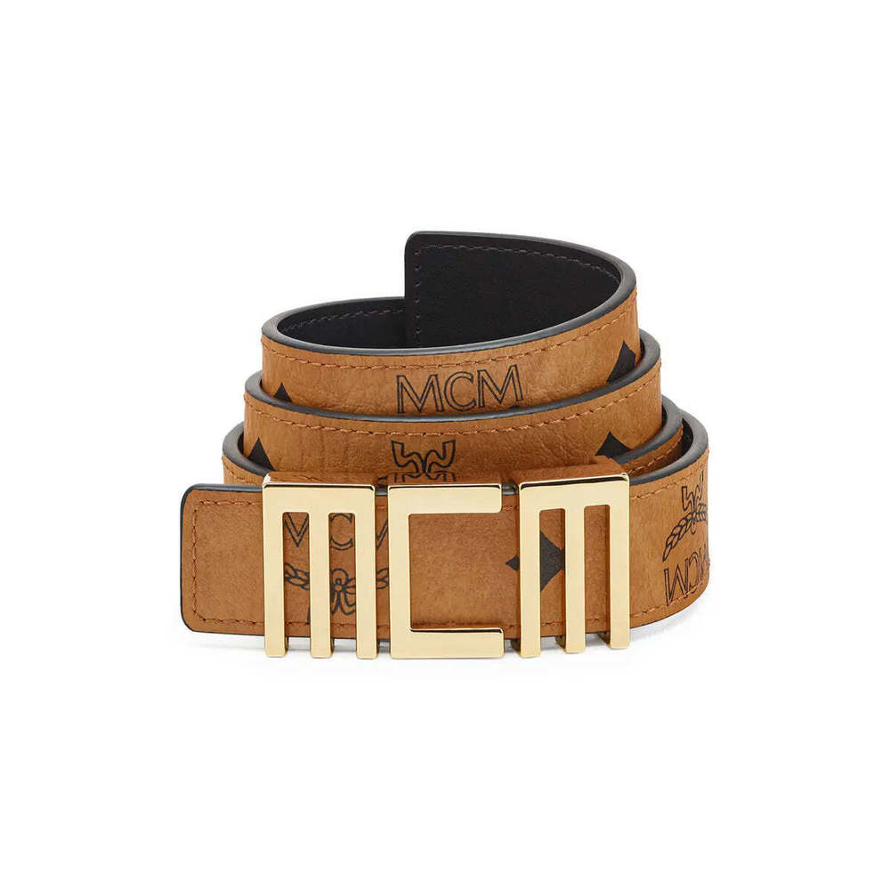 MCM Authentic Reversible Faux Leather Logo Buckle Belt Coganc Brown Black NEW